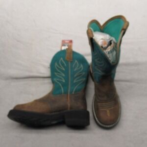 Ariat Women Boots 6.5B Brown Teal Probably Flame Leather ATS Western Cowgirl NEW